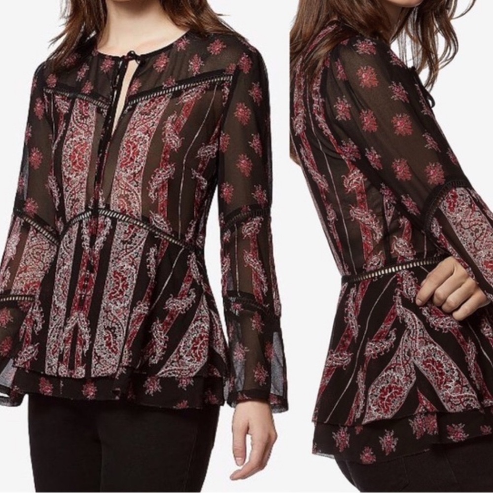 Avec Les Filles Top Womens Large Black Paisley Semi Sheer Boho Flowy Peasant